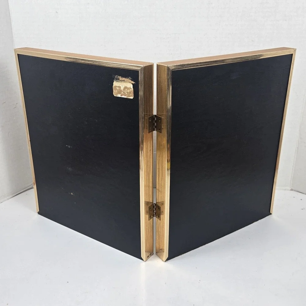 Vtg 80s Gold Tone Hinged Bi-fold Metal Photo Frame Collage & Oval Matte 11x9 USA
